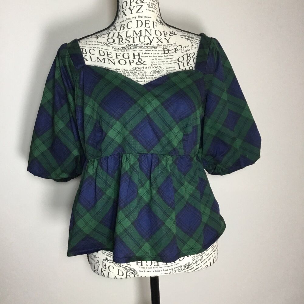 Scottish tartan wench top blue green plaid 1800s loveheart neck puff sleeve L